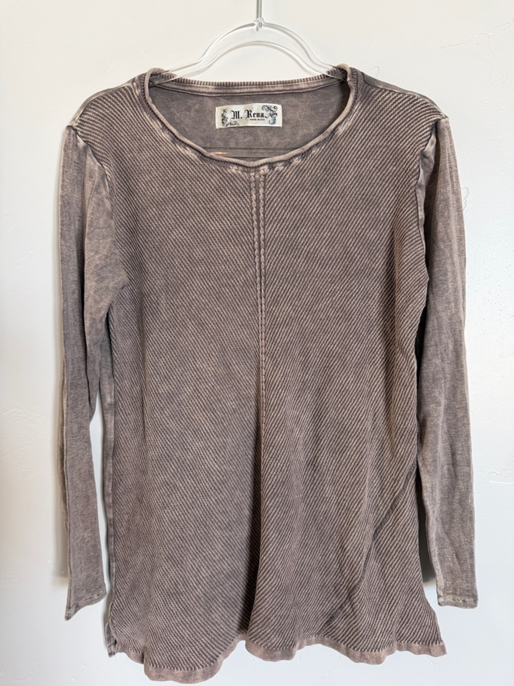 M. Rena Washed Taupe Ribbed Long Sleeve Tee